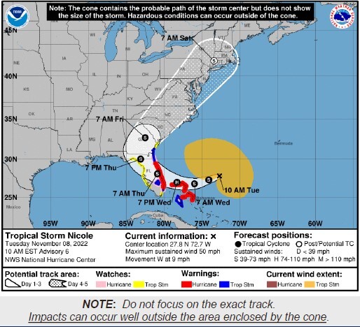 The map of the path of Tropical Storm Nicole. The storm is expected to hit Florida early Thursday morning,