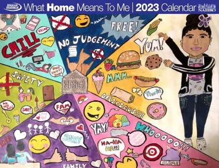 What Home Means to Me Calendar Cover 2023 shows a girl pointing to all the things that mean home to her. 