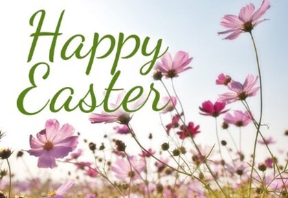 Happy Easter text with several flowers in the background.
