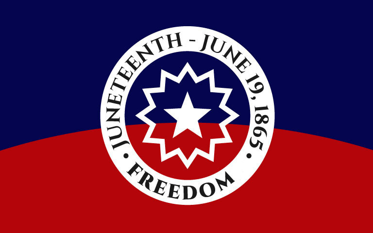 Juneteenth flag with the text, Juneteenth - June 19, 1865 - Freedom. 