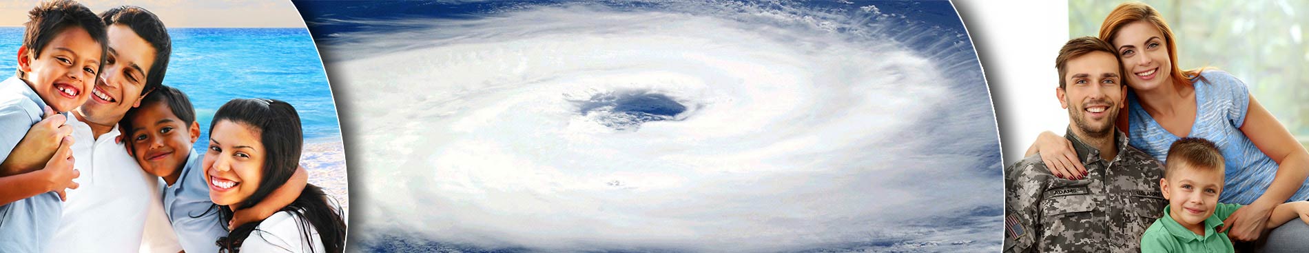 A photo collage of resident families, also with image of hurricane at sea